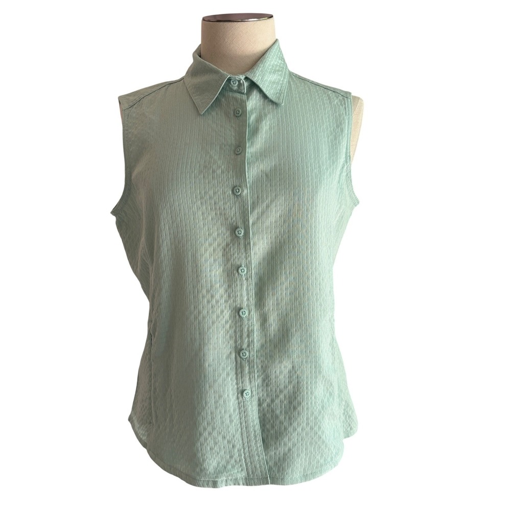 Quest Women's Golf Top Size L Mint‎ Green Sleeveless Collared Button Front Rayon